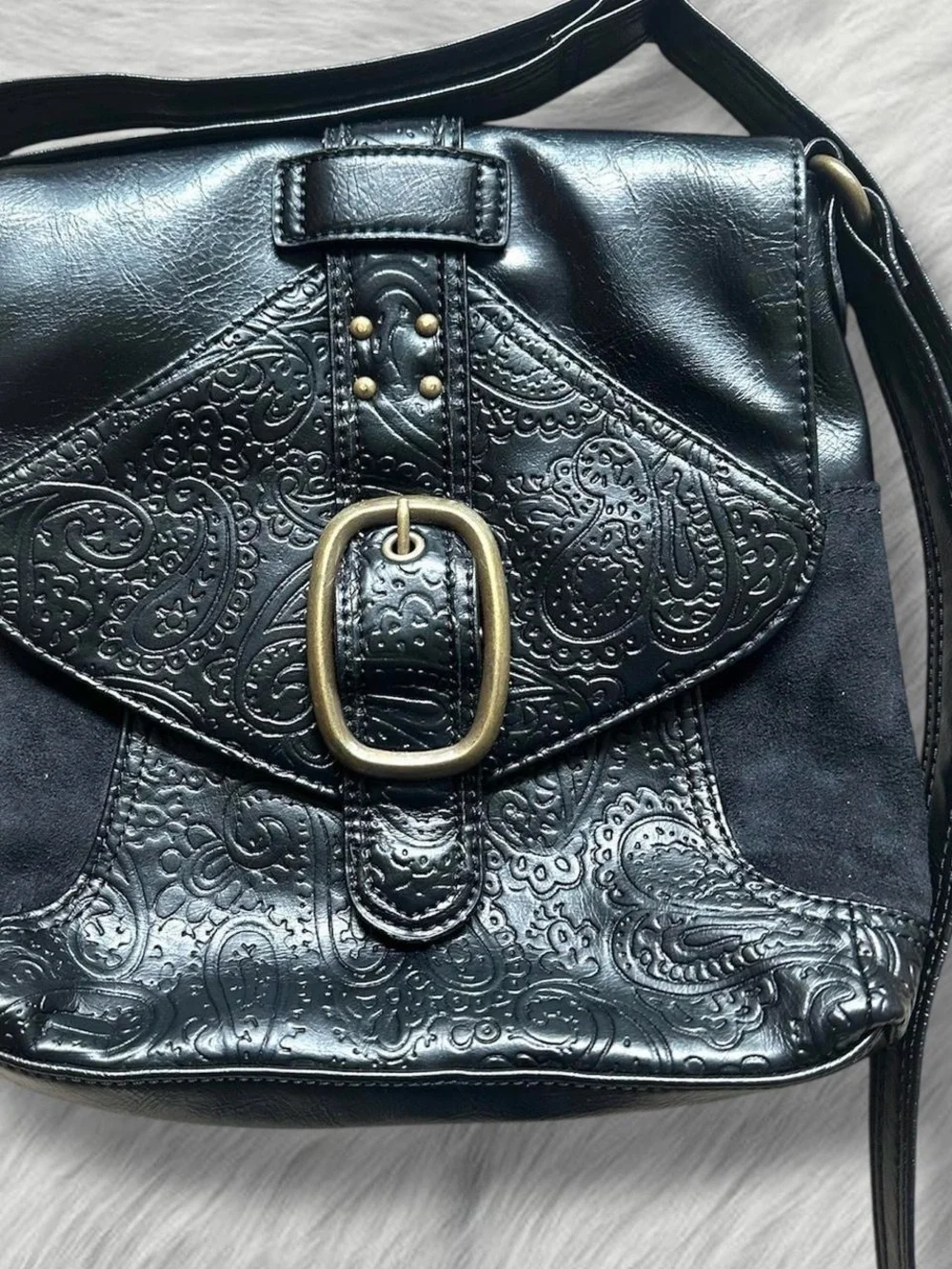 Black Nine West Embossed Crossbody Bag with Buckle Accent